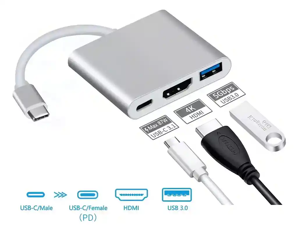 Convertidor Usb 3.1 (tipo C) A Hdmi+usb 3.0+tipo C Pd Color Blanco/gris Compatible Con Macbook