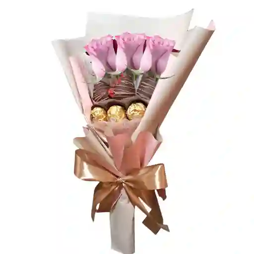Bouquet De 3 Rosas Rosadas, Fresas Y Ferrero