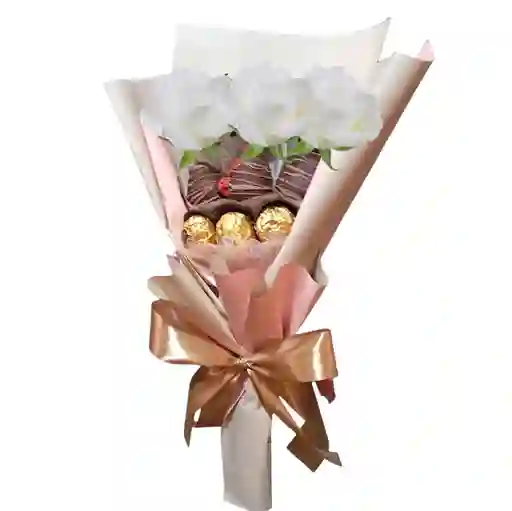 Bouquet De 3 Rosas Blancas, Fresas Y Ferrero