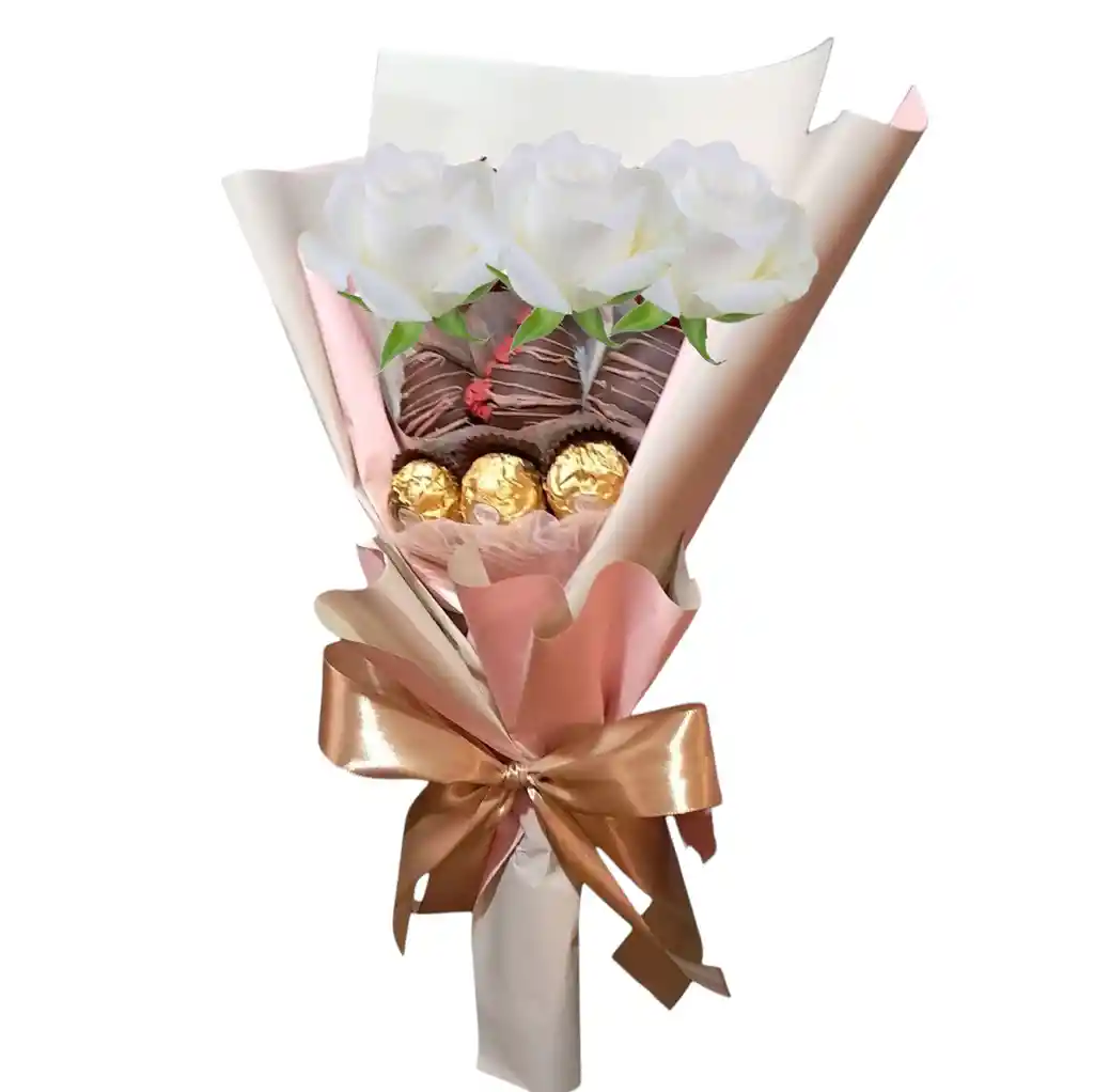 Flores Para Novia - Bouquet De 3 Rosas Blancas, Fresas Y Ferrero