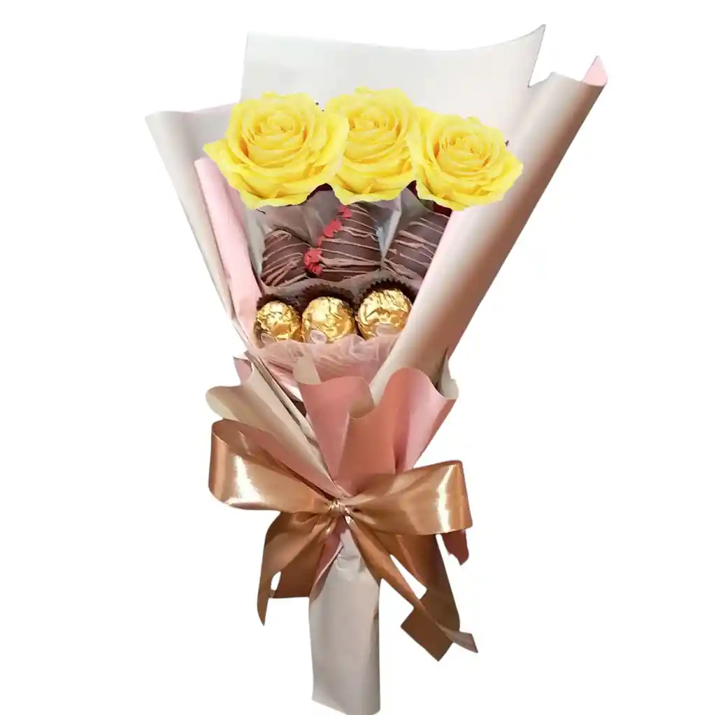 Bouquet De 3 Rosas Amarillas, Fresas Y Ferrero