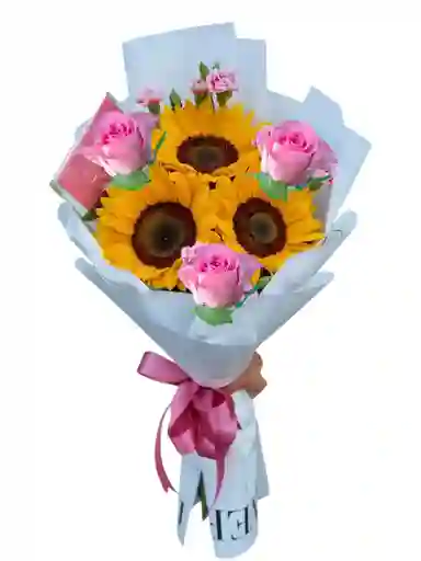 Ramo De 3 Girasoles Y 3 Rosas Rosadas