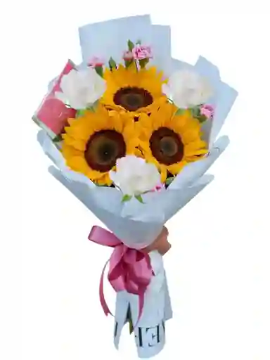 Ramo Para Cumpleaños - Ramo De 3 Girasoles Y 3 Rosas Blancas