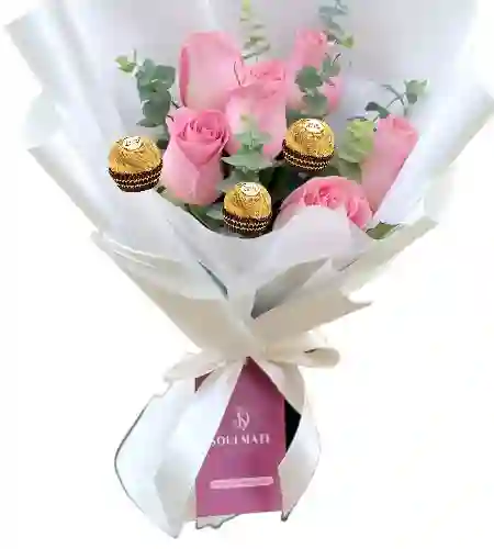 Ramo Redondo De 6 Rosas Rosadas Y Chocolates