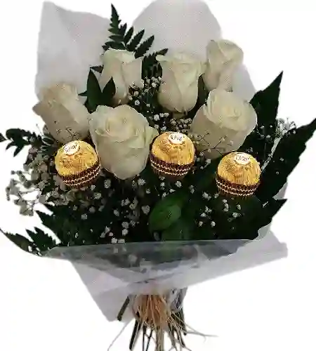 Bouquet Redondo De 6 Rosas Blancas Y Chocolates