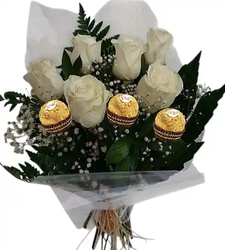 Bouquet Redondo De 6 Rosas Blancas Y Chocolates