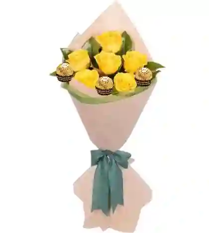 Ramo O Bouquet Redondo De 6 Rosas Amarillas Y Chocolates
