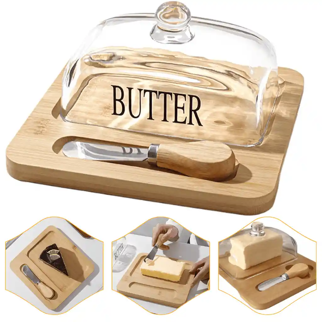 Mantequillera De Porcelana Madera Bambú Con Cuchillo Untar