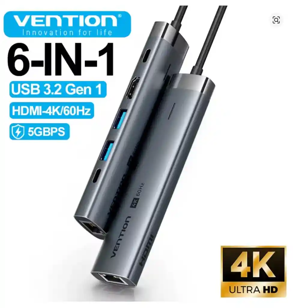 Adaptador Hub Gigabit 6 En 1 Usb C-hdmi 4k60hz 3.2 Vention
