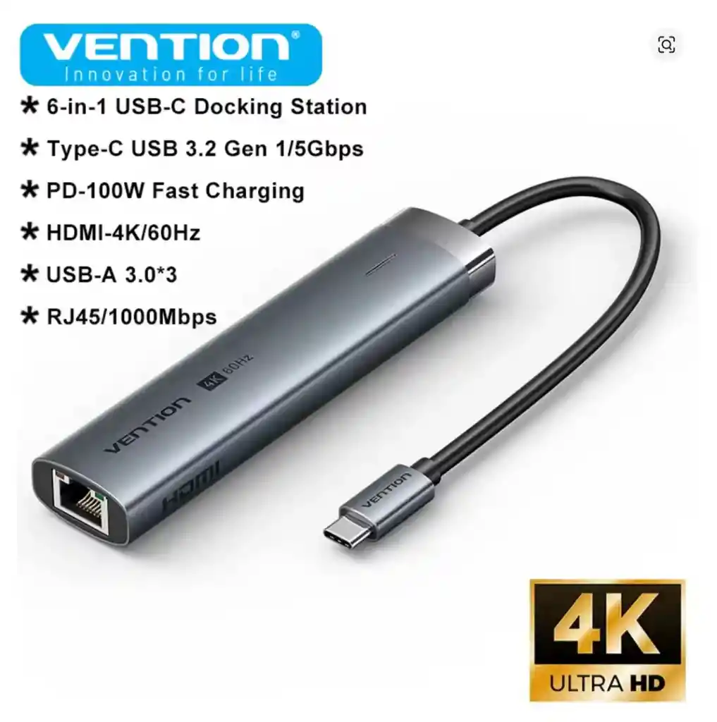 Adaptador Hub Gigabit 6 En 1 Usb C-hdmi 4k60hz 3.2 Vention