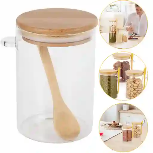 Vaso De Vidrio Con Tapa Y Cuchara De Bambu