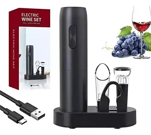 Set Sacacorcho Eléctrico Con Base Para Vino 5 En 1 + Base