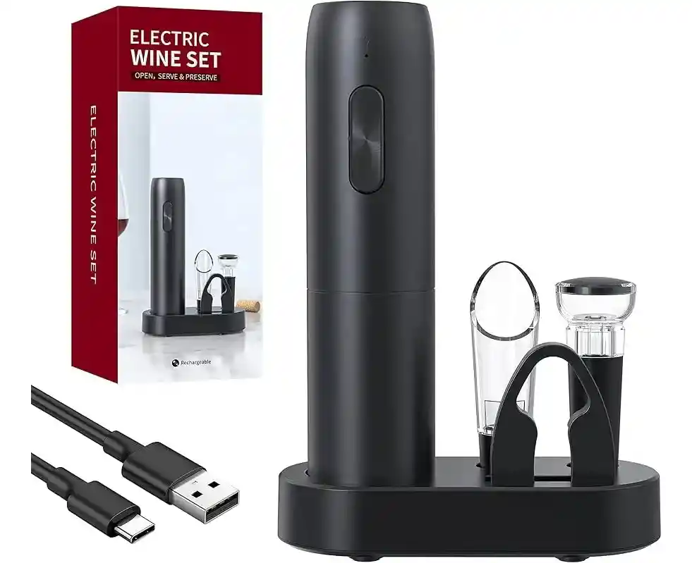Set Sacacorcho Eléctrico Con Base Para Vino 5 En 1 + Base