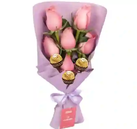 Flores Bogota - Ramo Alargado De 6 Rosas Rosadas Y 3 Chocolates