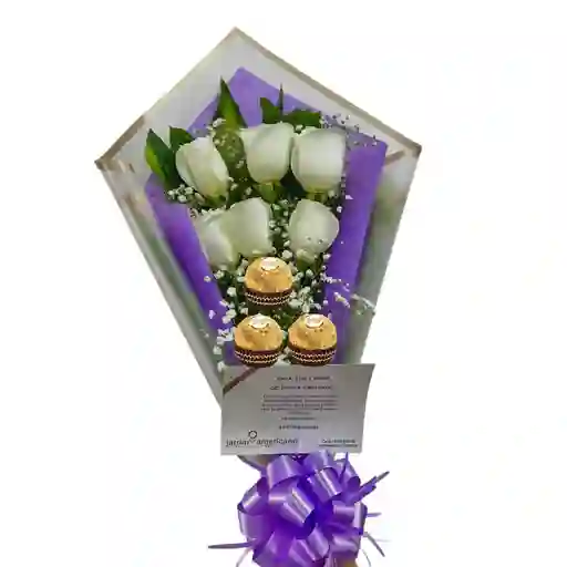 Flores Bogota - Ramo O Bouquet Alargado De 6 Rosas Blancas Y 3 Chocolates