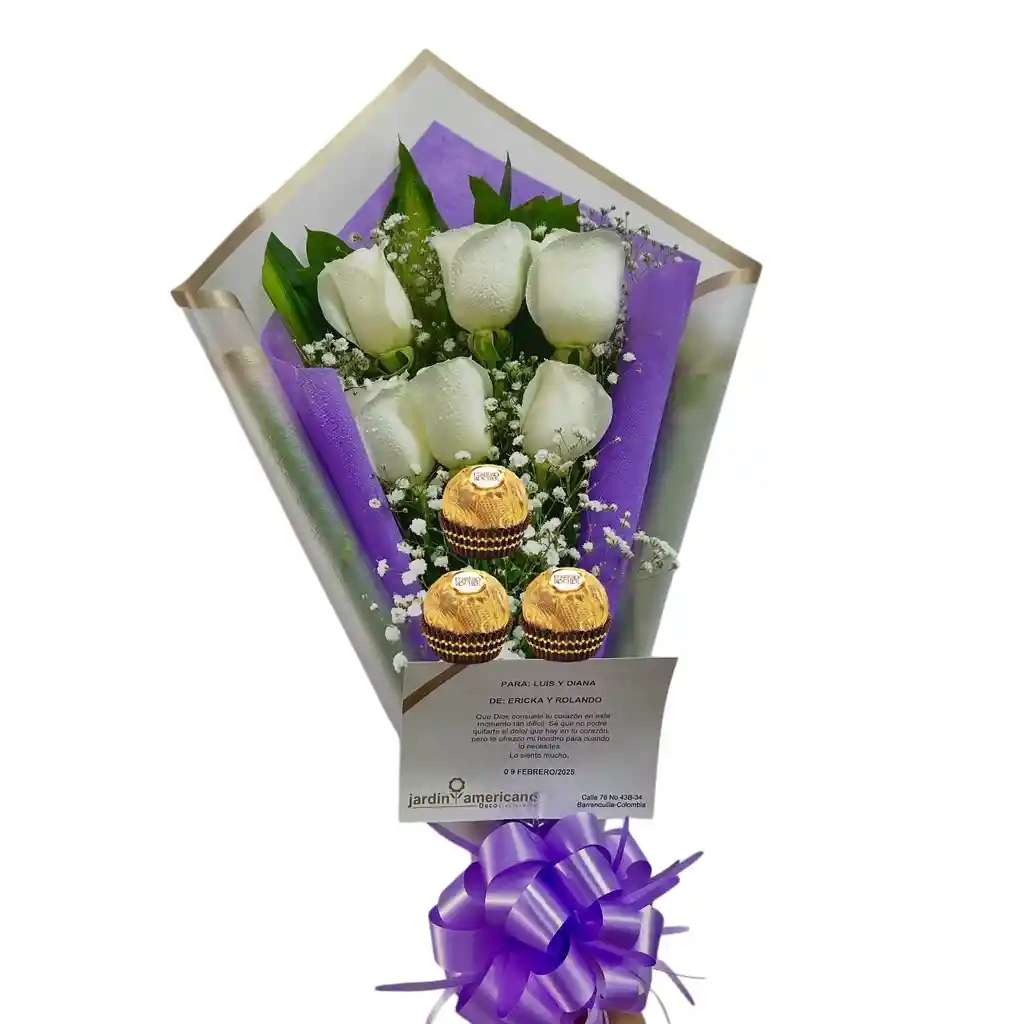 Flores Bogota - Ramo O Bouquet Alargado De 6 Rosas Blancas Y 3 Chocolates