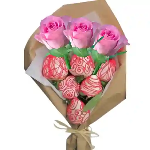 Mini Bouquet De Rosas Rosadas Y Fresas Con Chocolate