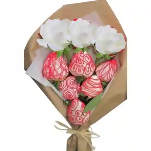 Mini Bouquet De Rosas Blancas Y Fresas Con Chocolate