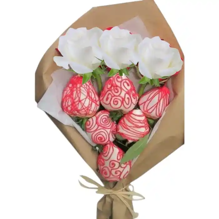 Mini Bouquet De Rosas Blancas Y Fresas Con Chocolate
