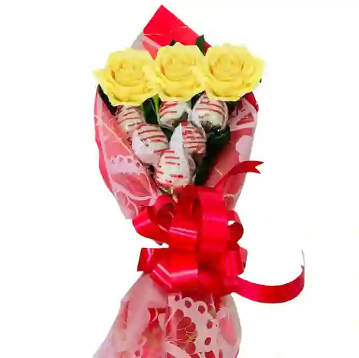 Mini Bouquet De Rosas Amarillas Y Fresas Con Chocolate
