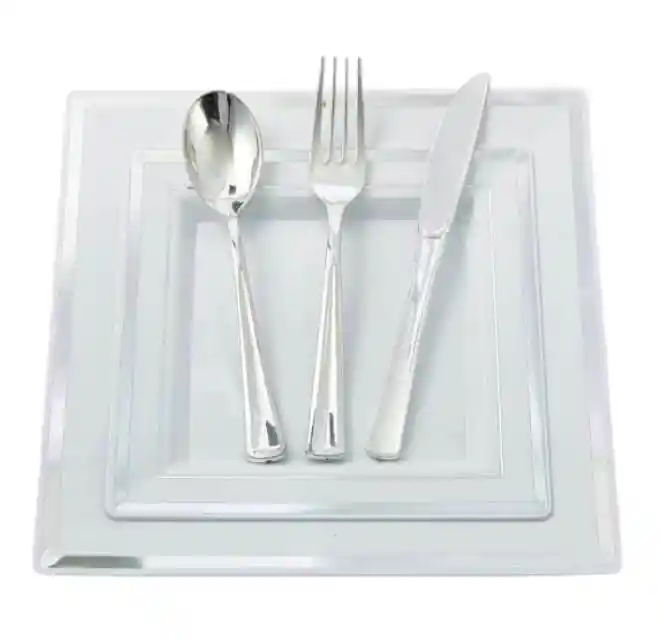 Set Platos Cuadrados Plateados X 12, Platos De Lujo, Platos Elegantes