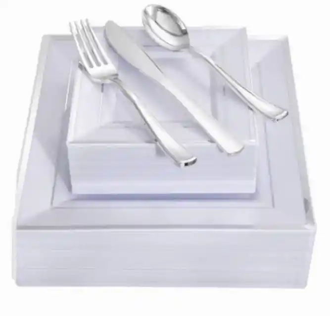 Set Platos Cuadrados Plateados X 12, Platos De Lujo, Platos Elegantes