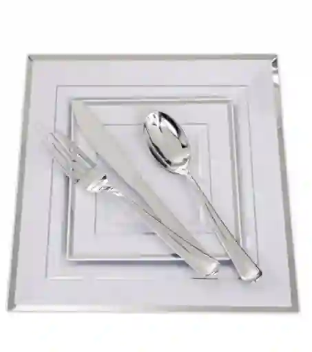 Set Platos Cuadrados Plateados X 12, Platos De Lujo, Platos Elegantes