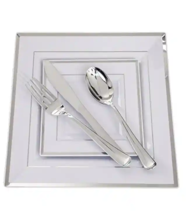 Set Platos Cuadrados Plateados X 12, Platos De Lujo, Platos Elegantes