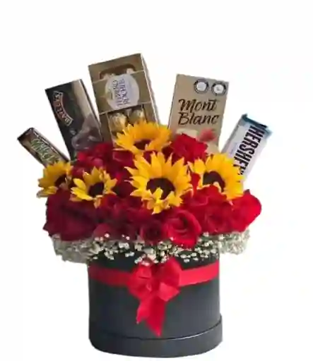 Cilindro De Girasoles, Rosa Y Chocolates