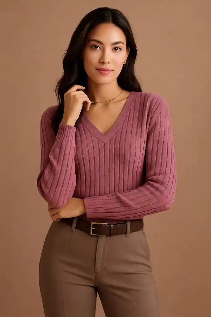 Suéter Holgado Cuello V Acanalado - Rose Élégance