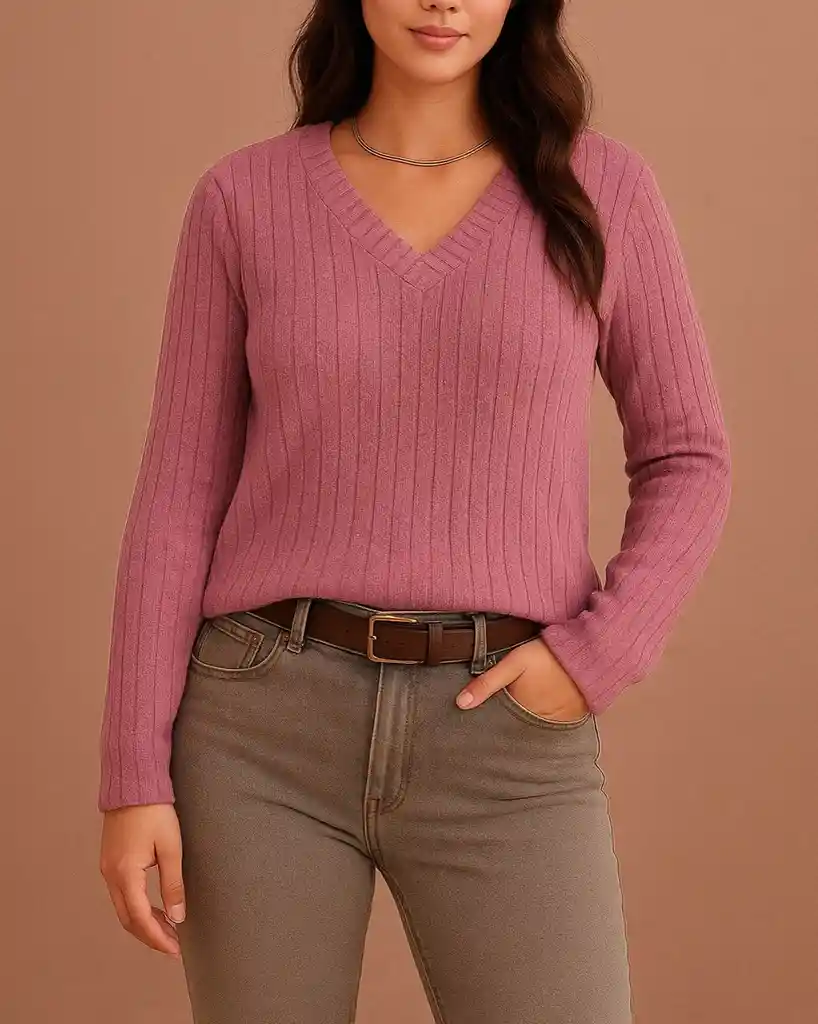 Suéter Holgado Cuello V Acanalado - Rose Élégance