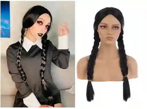 Peluca Negra Dos Trenzas Cosplay Para Halloween