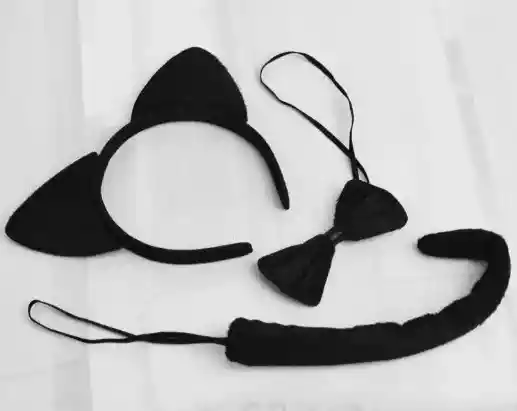 Kit Gato Negra Set Cosplay Con Orejas Cola + Moño Halloween Disfraz Gata