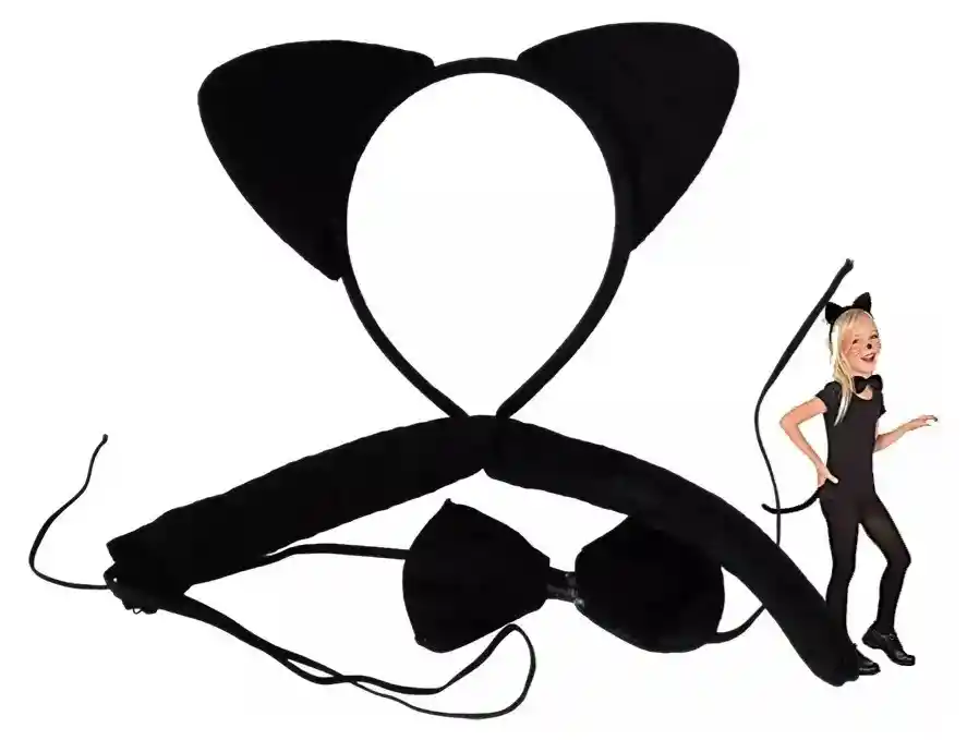 Kit Gato Negra Set Cosplay Con Orejas Cola + Moño Halloween Disfraz Gata