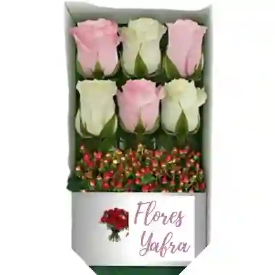 Caja 6 Rosas Blancas Y Rosadas