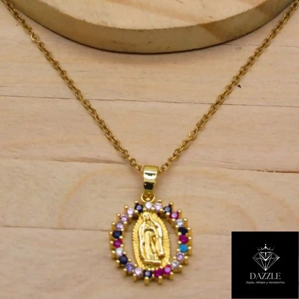 Juego De Collar Y Aretes De Seguridad En Rodio Dorado Virgen De Guadalupe