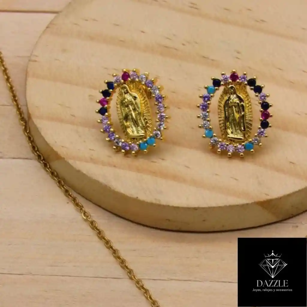 Juego De Collar Y Aretes De Seguridad En Rodio Dorado Virgen De Guadalupe