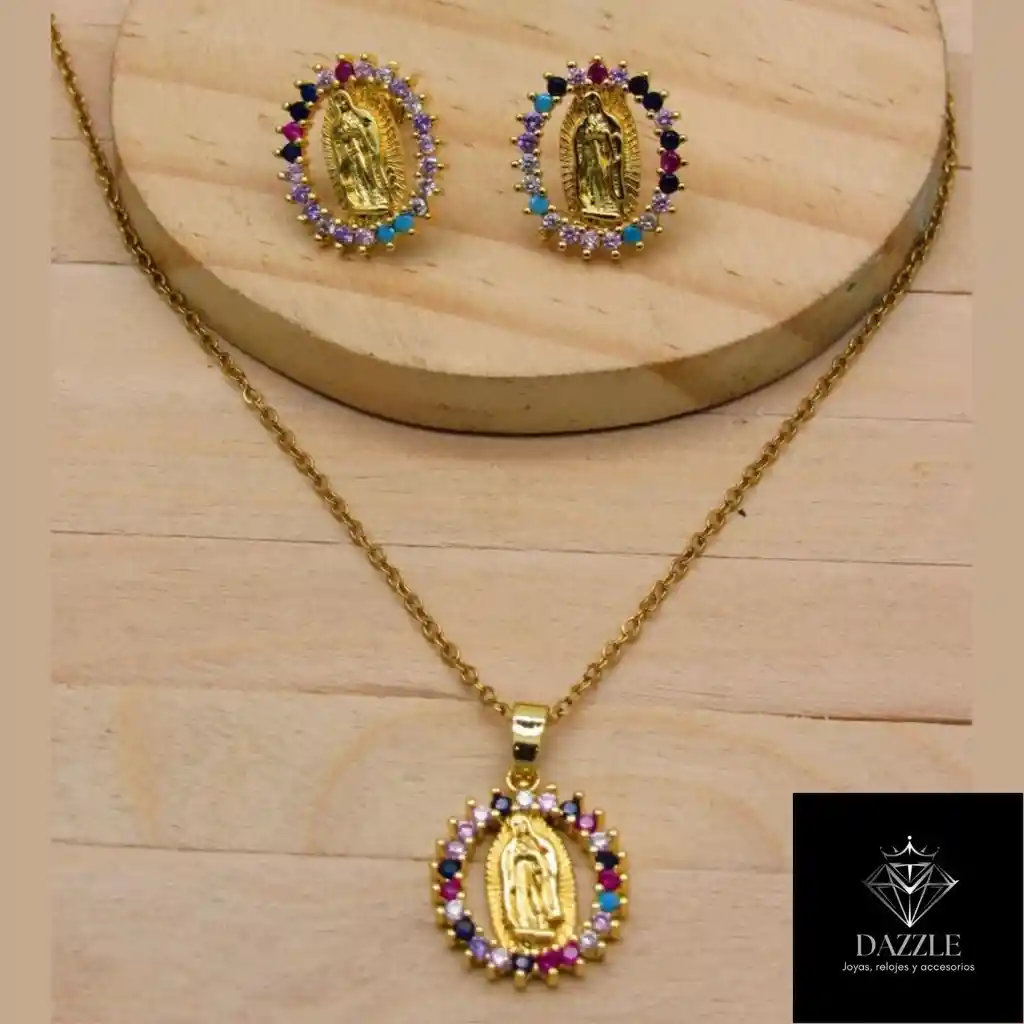 Juego De Collar Y Aretes De Seguridad En Rodio Dorado Virgen De Guadalupe