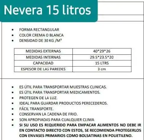 Nevera Icopor 15 Litros, Cava 15 Litros