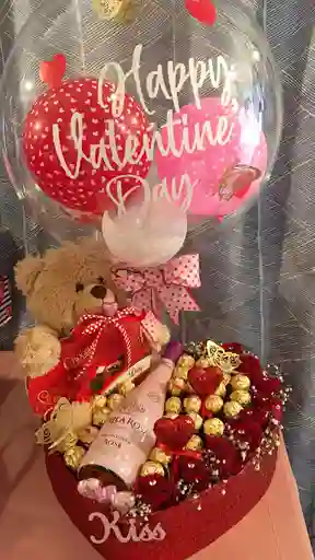 Caja De Corazon Con Rosas, Peluche, Choclates, Globo Y Champagne Jp