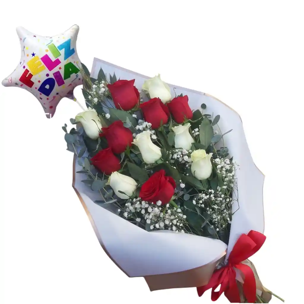 Ramo Alargado De 12 Rosas Rojas Y Blancas + Globo