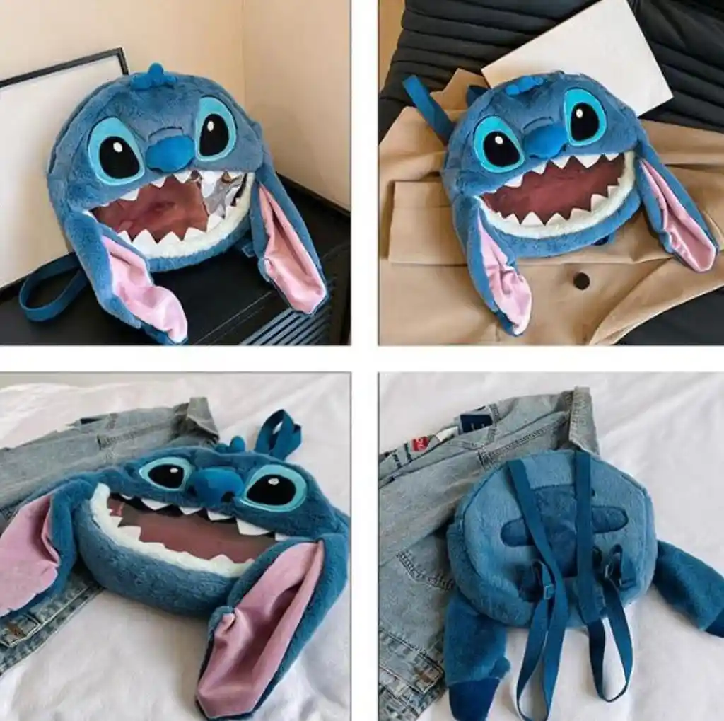 Morral Maleta Cara Stitch Felpa Escolar Mochila