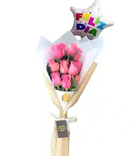 Ramo Alargado De 12 Rosas Rosadas + Globo