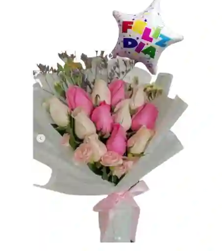 Bouquet Alargado De 12 Rosas Rosadas Y Blancas Con Globo