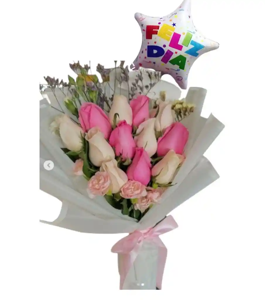 Bouquet Alargado De 12 Rosas Rosadas Y Blancas Con Globo