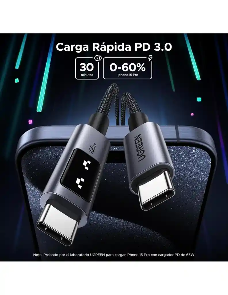 Cable Tipo C A Tipo C Ugreen Uno 100w 1m Con Pantalla Led