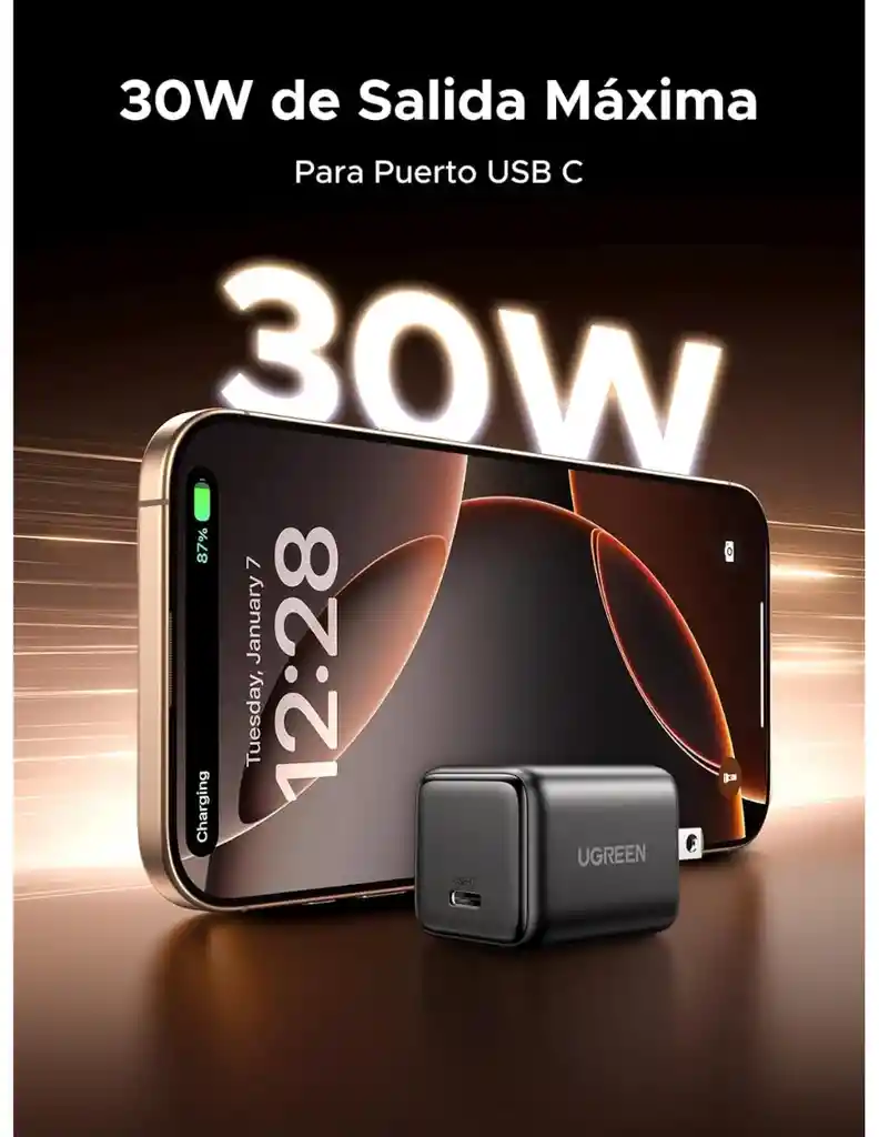 Mini Cargador Ugreen Nexode Usb C 30w Gan Cargador Tipo C Negro