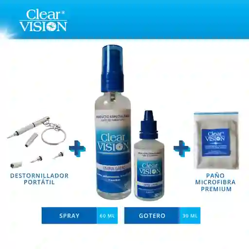 Limpia Gafas/lentes Clear Vision. Kit Spray 60ml,gotero 30ml, Paño De Microfibra Premium Para Lentes, Destornillador Portátil.