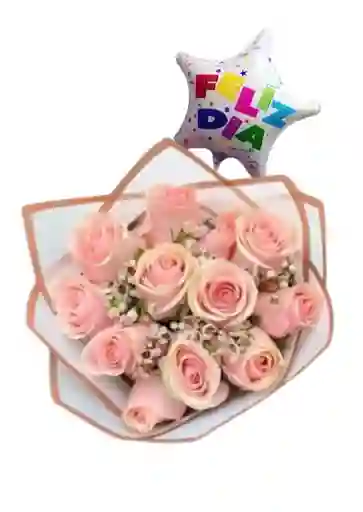 Bouquet Redondo De 12 Rosadas Con Globo