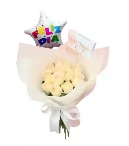 Ramo O Bouquet Redondo De 12 Rosas Blancas Con Globo